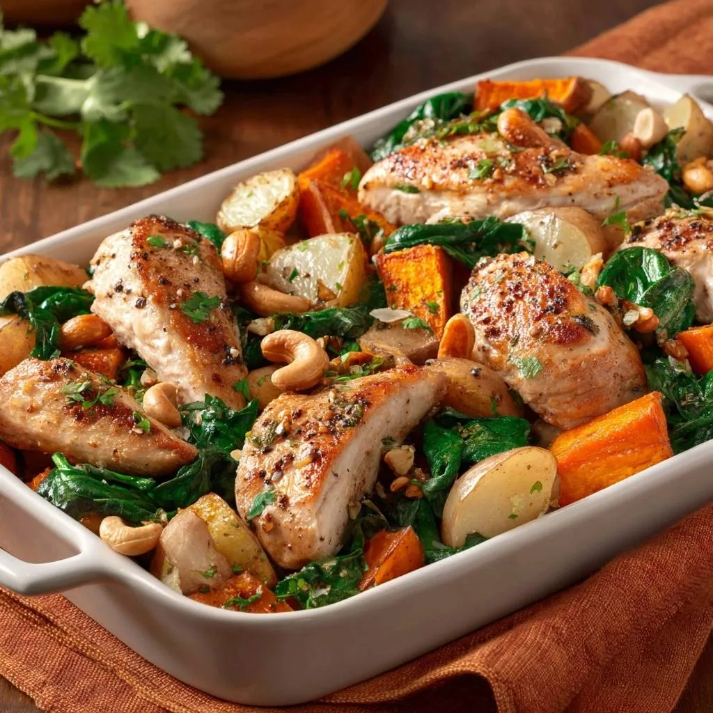Roasted chicken and sweet potato bake served in a white dish, featuring a close-up overhead view with visible spinach and cashews.