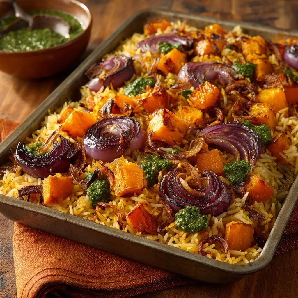 Roasted squash and red onion sheet pan rice shown from an overhead perspective, featuring roasted vegetables and herbs.