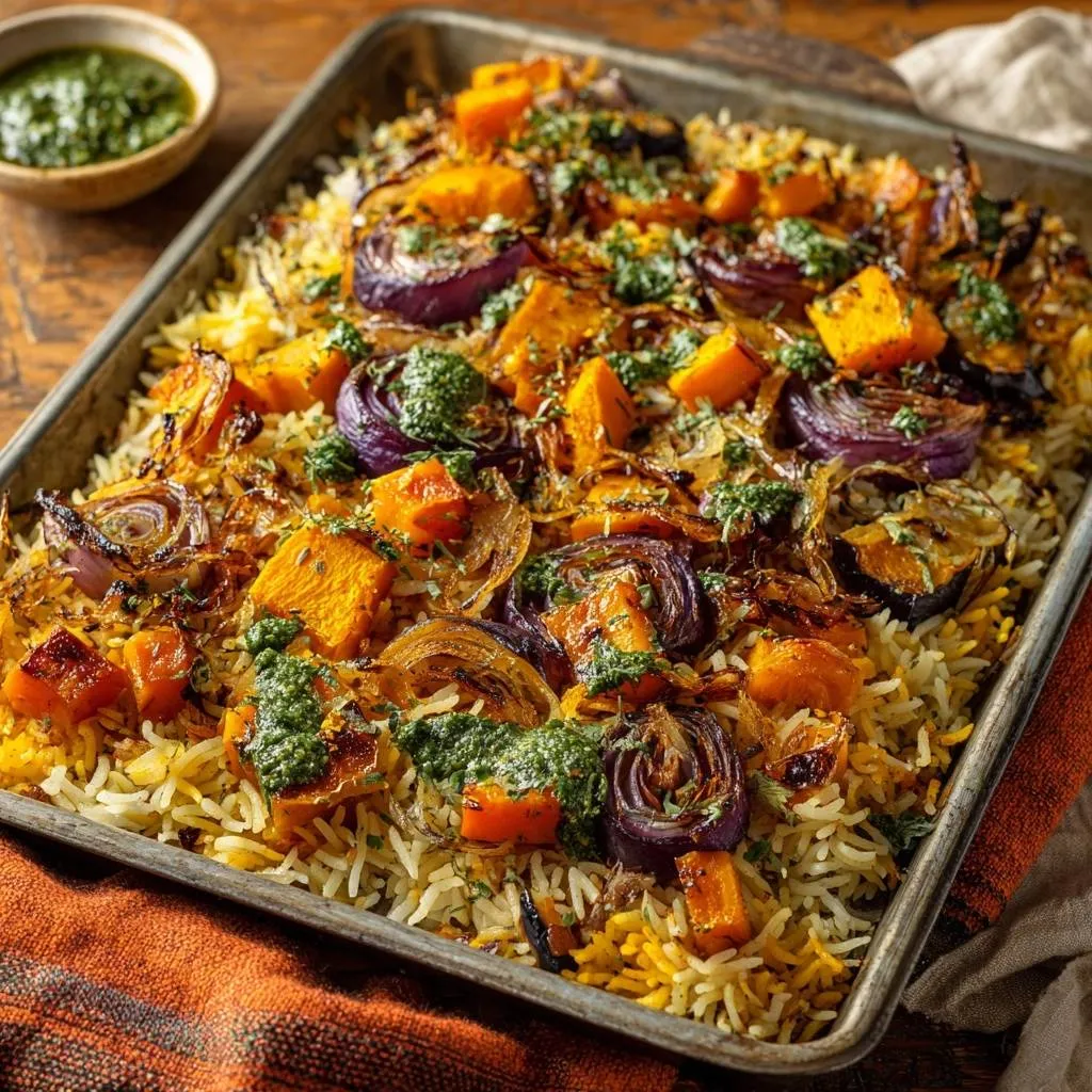 Mastering roasted squash and red onion sheet pan rice, served on a metal baking tray with a side of chimichurri.
