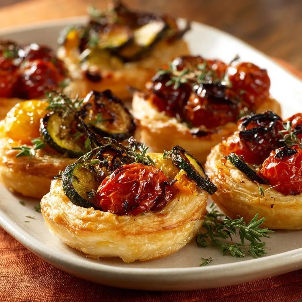 Roasted vegetable puff pastry tarts served on a white plate, with a close-up view of the flaky pastry and toppings.