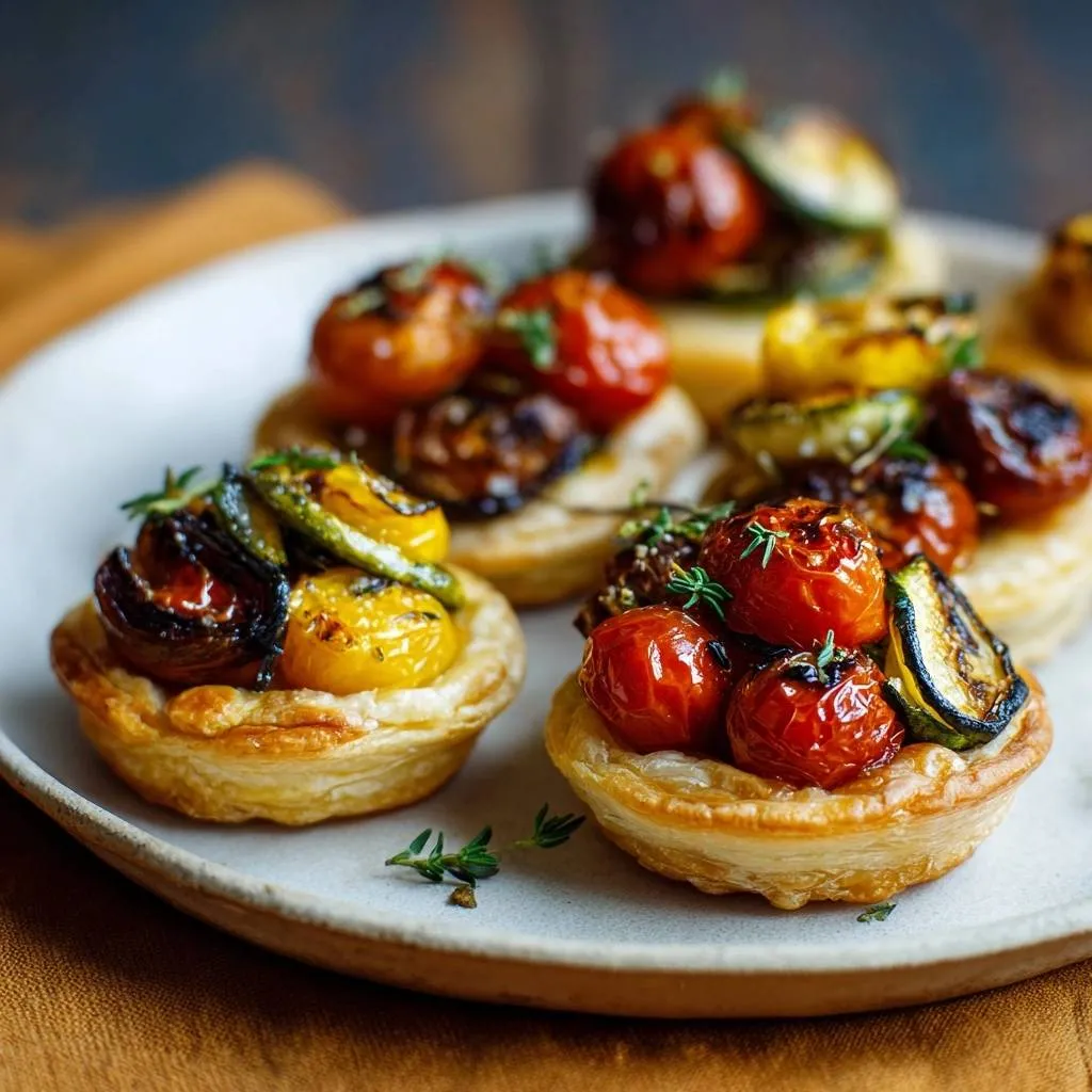 Roasted vegetable puff pastry tarts served on a white plate, showcasing a single golden tart topped with blistered cherry tomatoes and zucchini.