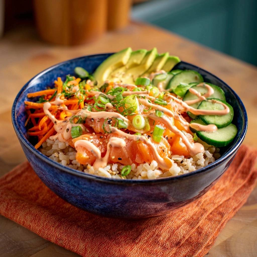 Fresh salmon poke bowl generously drizzled with creamy sauce, topped with green onions and sesame seeds.