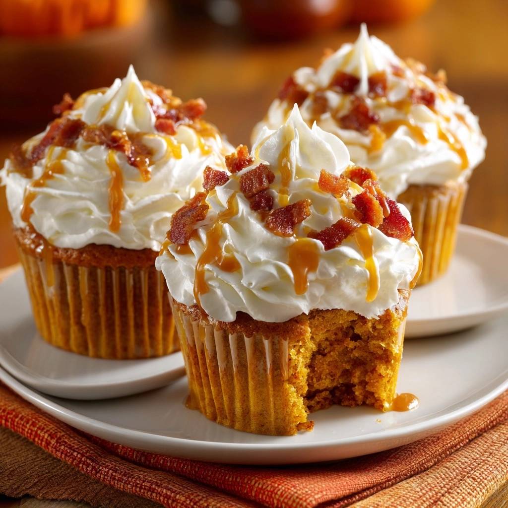 Salted caramel pumpkin bacon cupcakes with a bite taken out, showing the moist interior and topped with whipped cream and bacon.