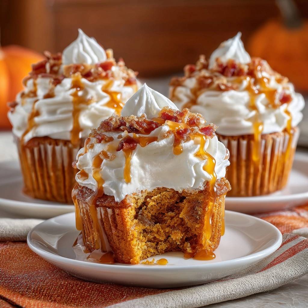 Salted caramel pumpkin bacon cupcakes shown in a close-up cross-section revealing the moist interior and toppings.