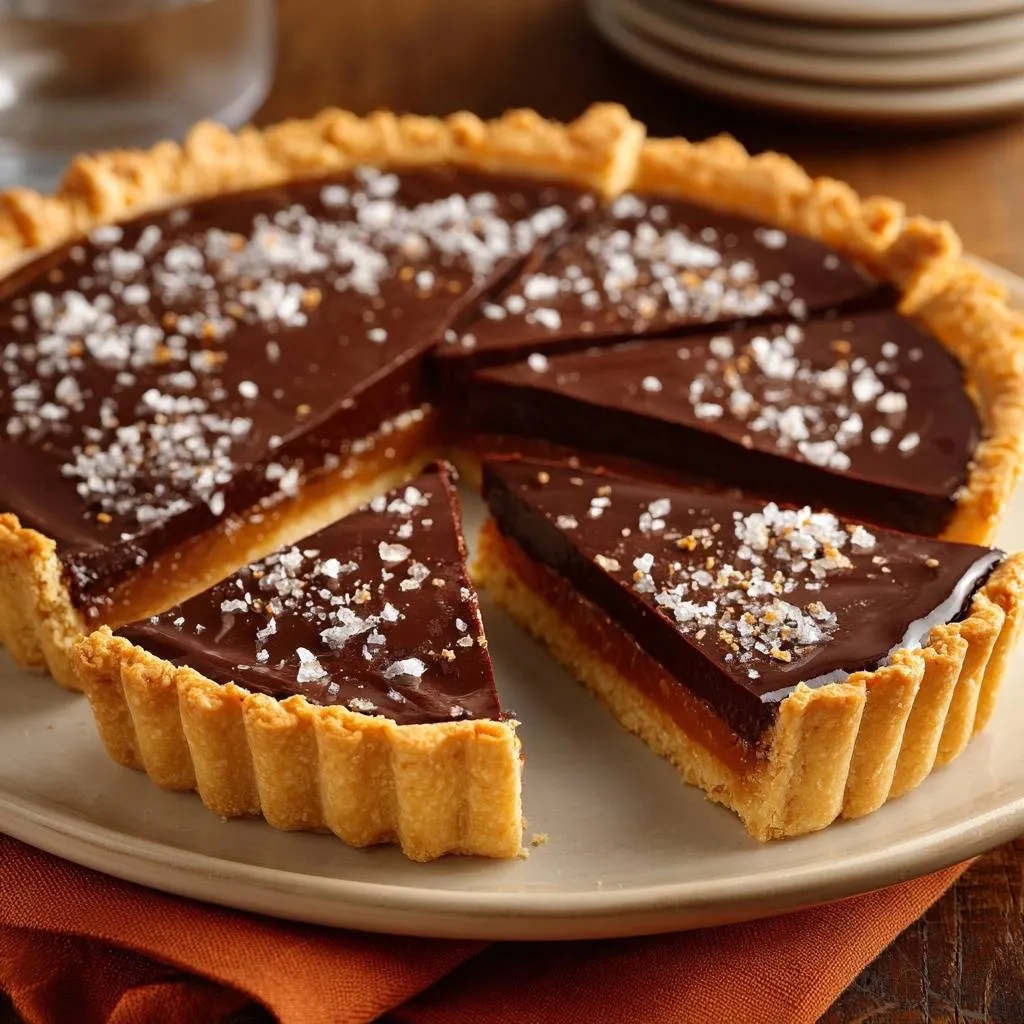Salted dark chocolate ganache tart with salted caramel layer, sliced and shown in a close-up view with flaky crust.