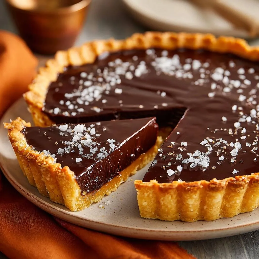 Salted dark chocolate ganache tart with salted caramel layer, sliced and shown in a close-up view with flaky crust.