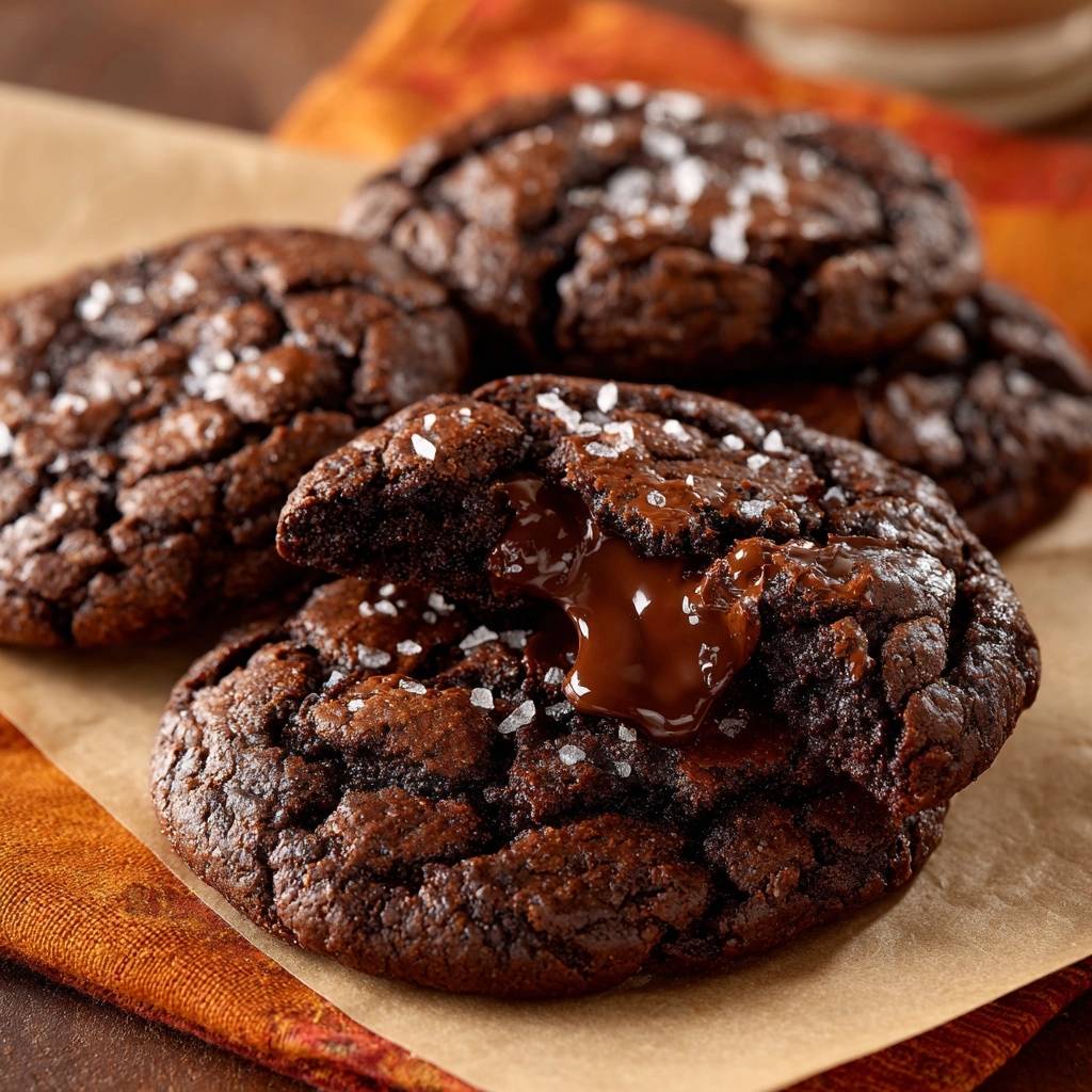 Salted molten lava brownie cookies with a gooey, melted chocolate interior revealed in a close-up view.