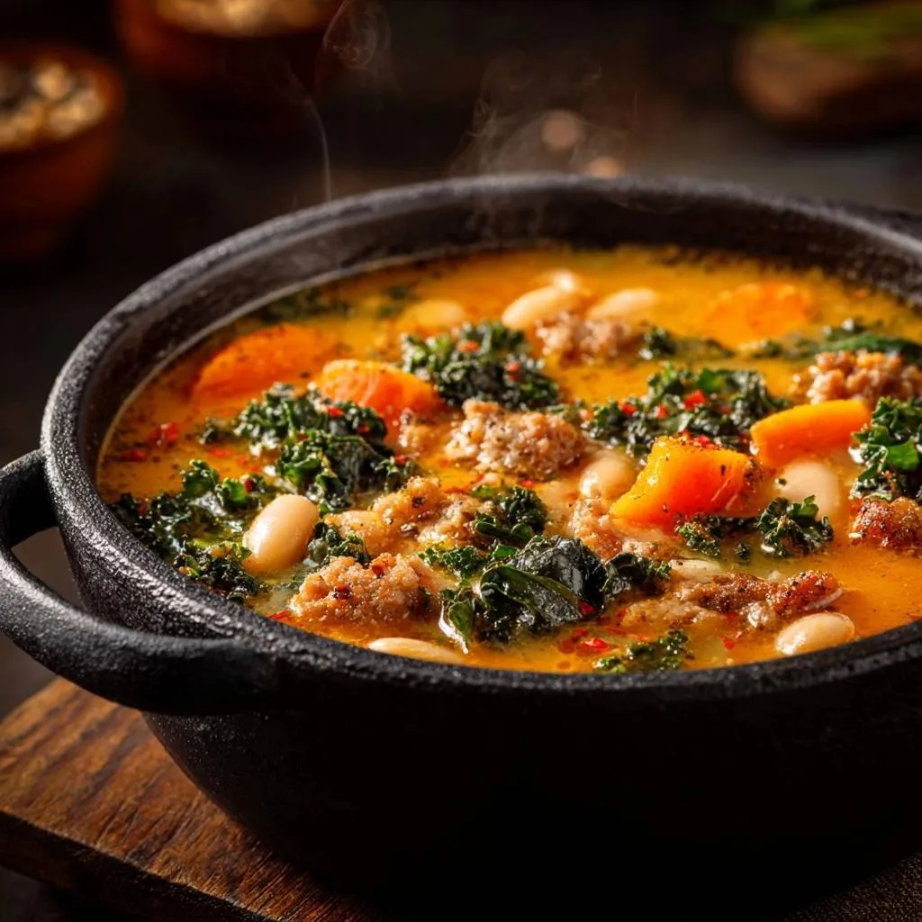 Creamy sausage and white bean soup shown in a steaming black bowl with kale and squash close-up detail.