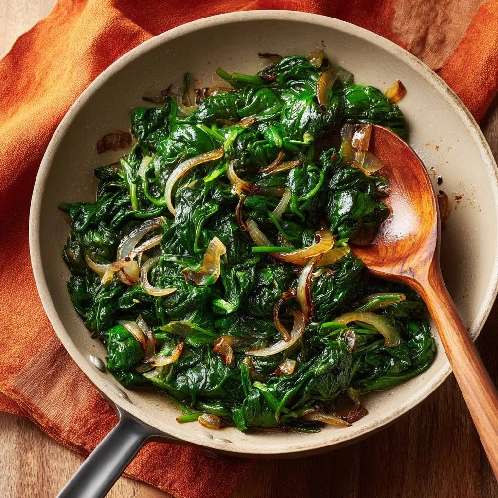 Garlic sauteed spinach and onions in a skillet with a wooden spoon, shown from an overhead perspective.