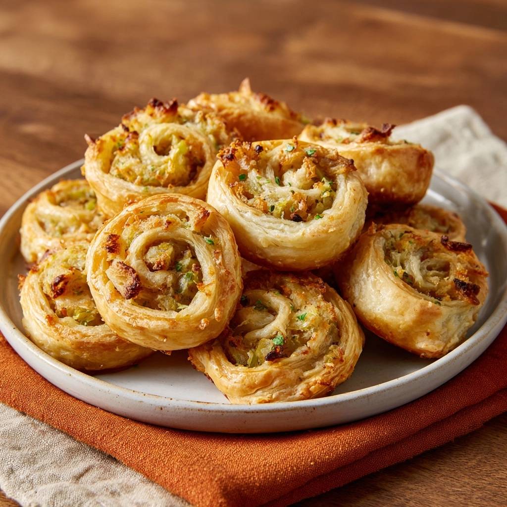 Savory leek and Parmesan pinwheels arranged on a white plate, showcasing their golden-brown pastry and filling.