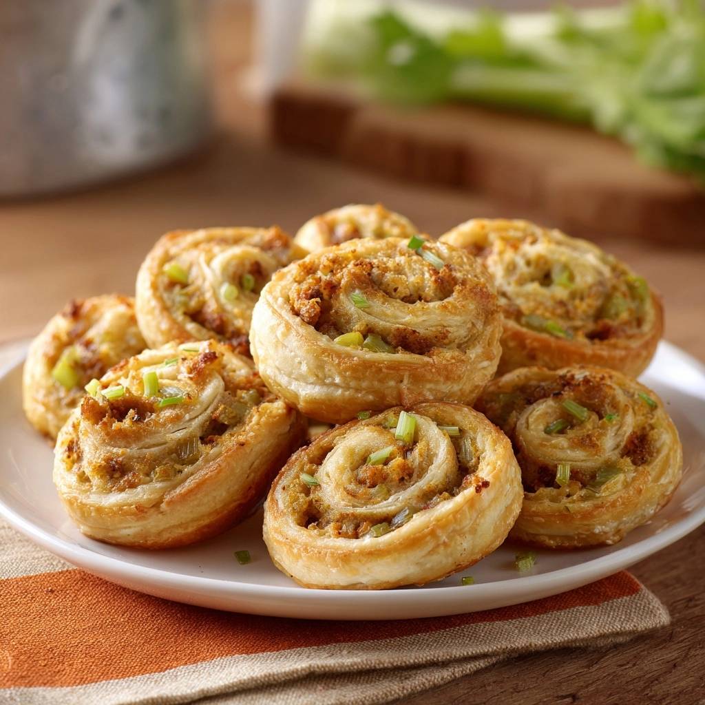 Savory leek and Parmesan pinwheels plated together on a white dish, showcasing their golden-brown puff pastry and savory filling.