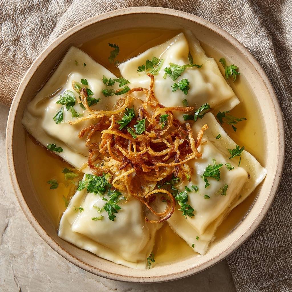 Savory maultaschen in clear broth served in a bowl, topped with fried shallots and parsley.