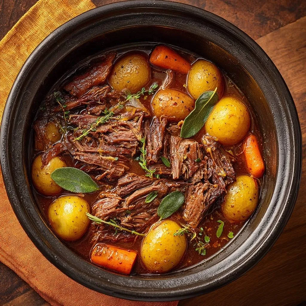 Savory pot roast with potatoes and carrots in a pot, shown from a close-up overhead view.