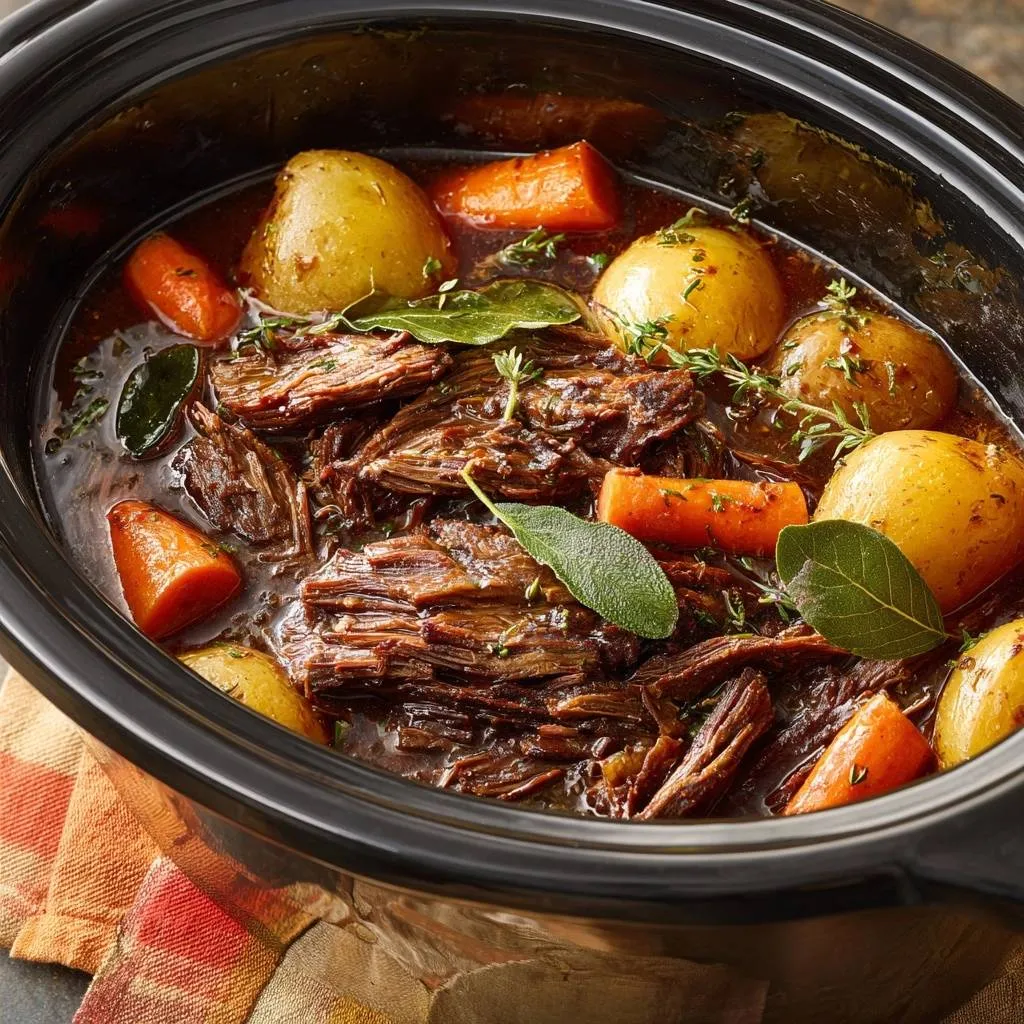 Savory pot roast in a slow cooker with tender beef, potatoes, and carrots, garnished with fresh herbs.