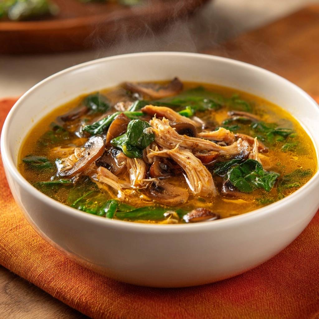 Savory shredded chicken and mushroom soup served steaming in a white bowl, with visible mushrooms and spinach.