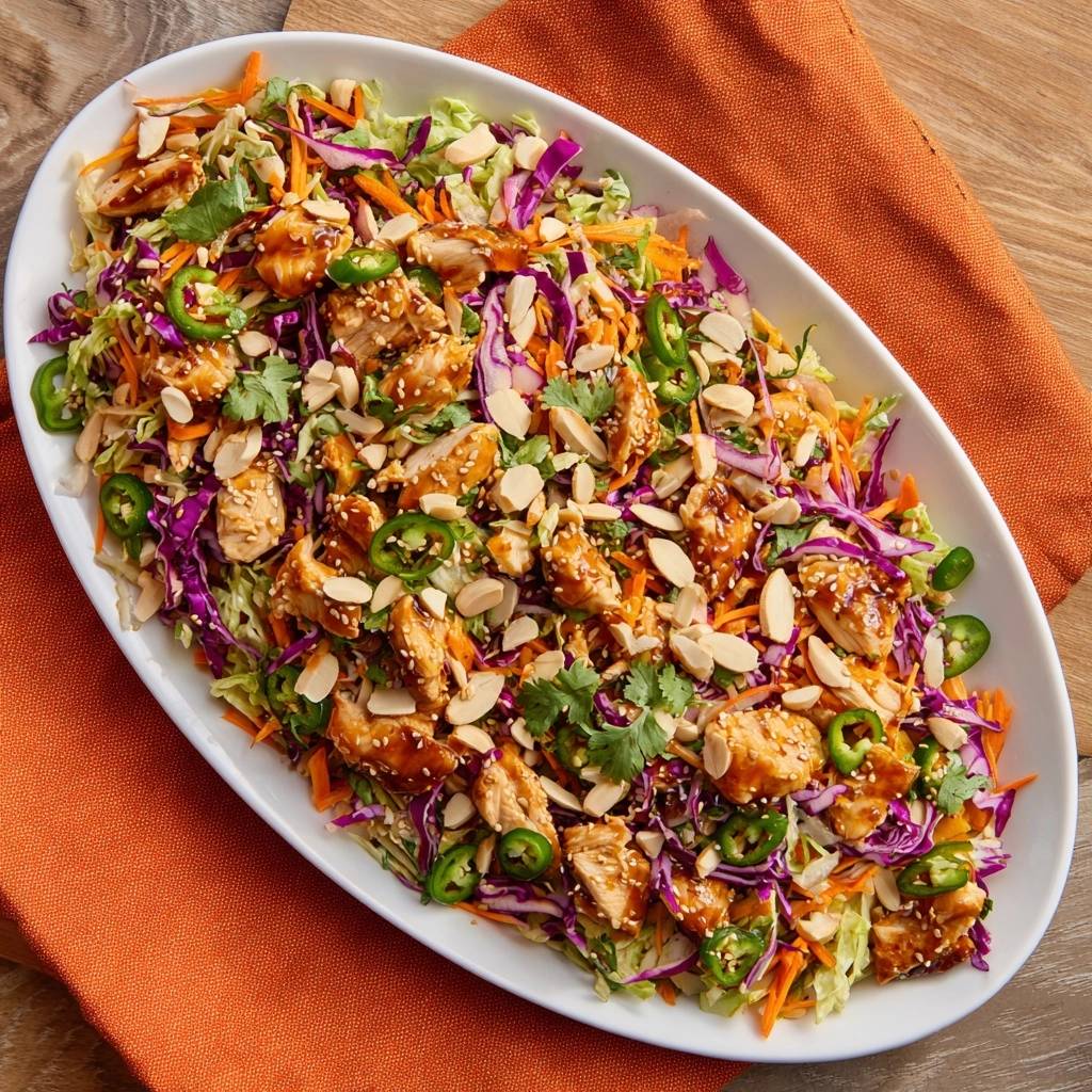 Sesame ginger chicken salad served on a white platter, featuring shredded cabbage, carrots, jalapeños, and almonds.