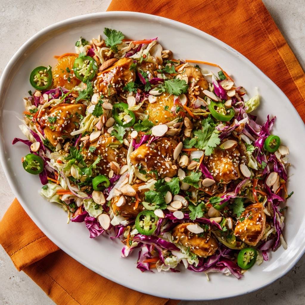 Sesame ginger chicken salad served on a white platter, featuring chicken, cabbage, oranges, and almonds.