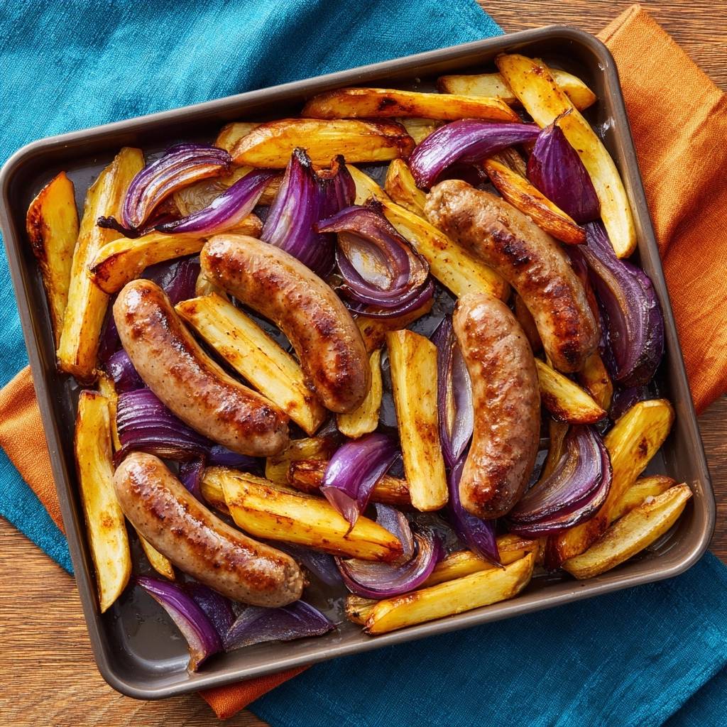 Sheet pan sausage and potato wedges shown from an overhead view on a dark metal baking tray.
