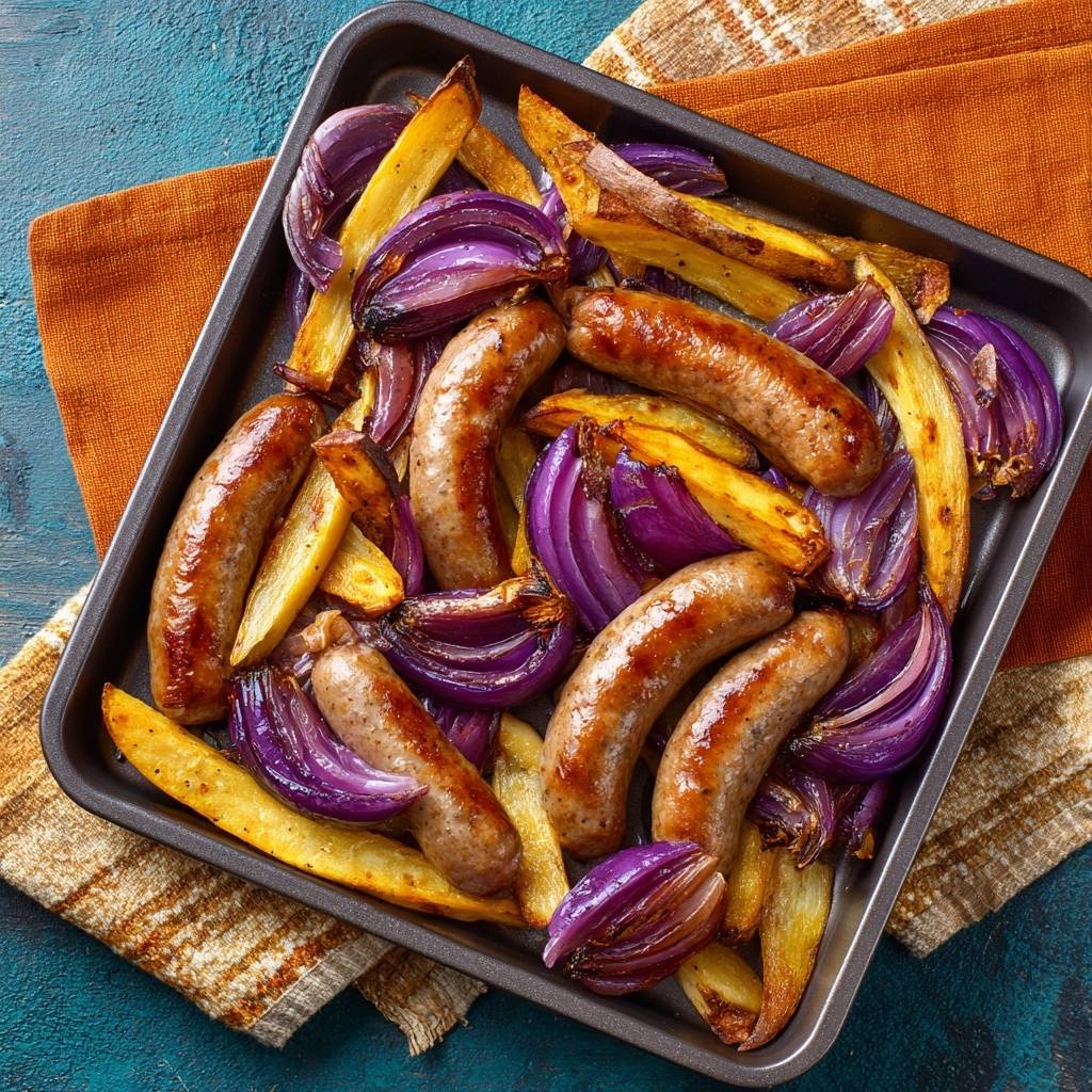 Sheet pan sausage and potato wedges shown from an overhead perspective in a baking tray.