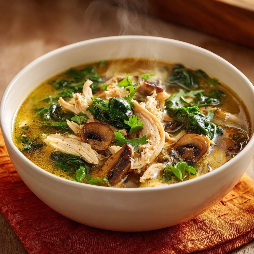 Savory shredded chicken and mushroom soup in a white bowl, with steam rising, showcasing chicken, mushrooms, and greens.