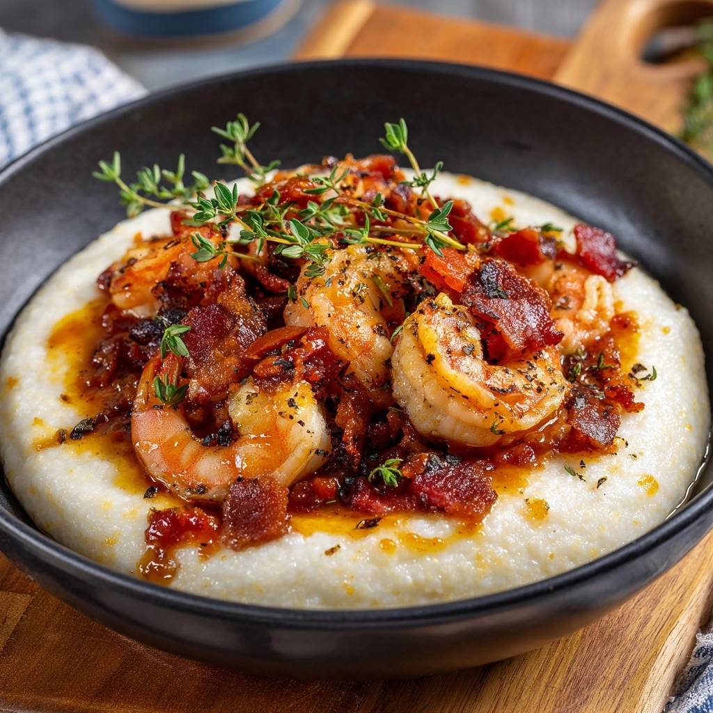 Southern style shrimp and grits without the grainy texture, presented in a black bowl with a close-up view of the shrimp and bacon topping.