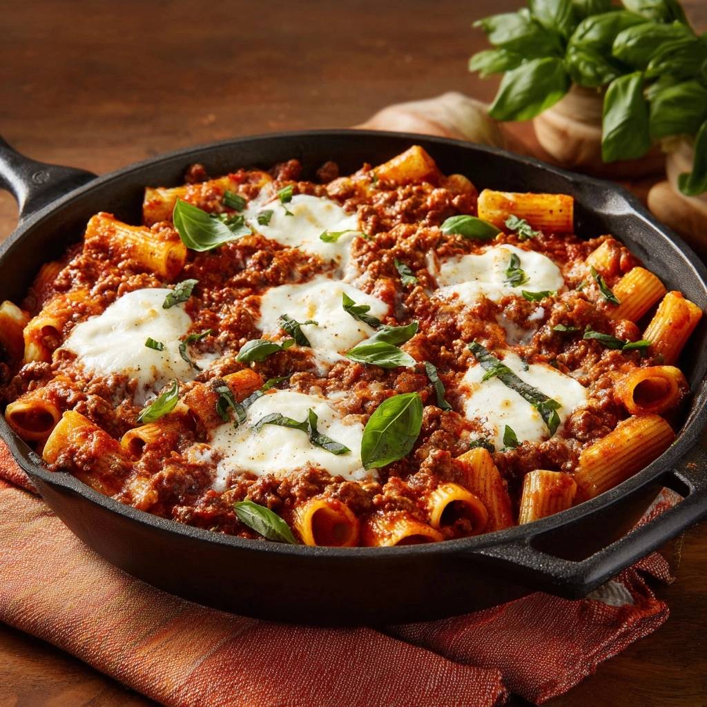 Skillet baked rigatoni with meat sauce in a cast iron pan, topped with melted mozzarella and fresh basil.
