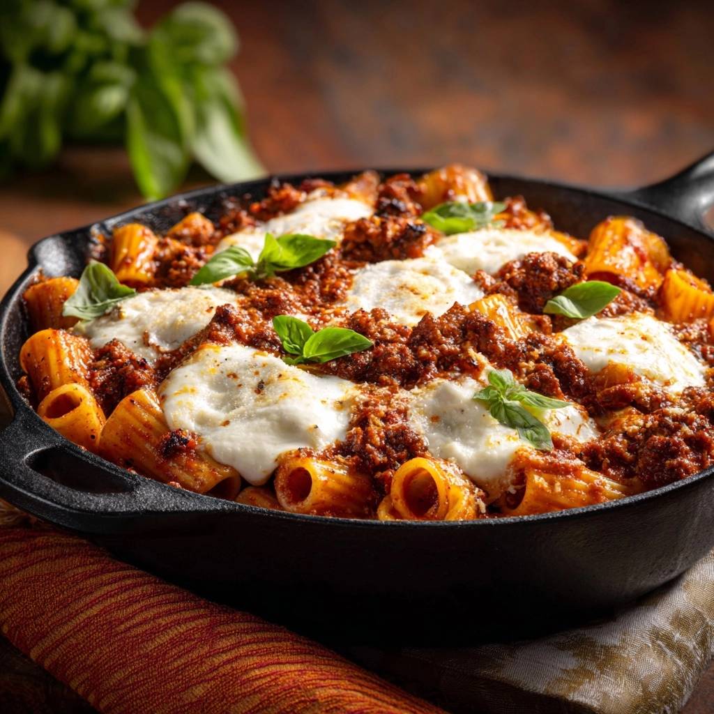 Skillet baked rigatoni with meat sauce and melted mozzarella cheese, garnished with fresh basil leaves.