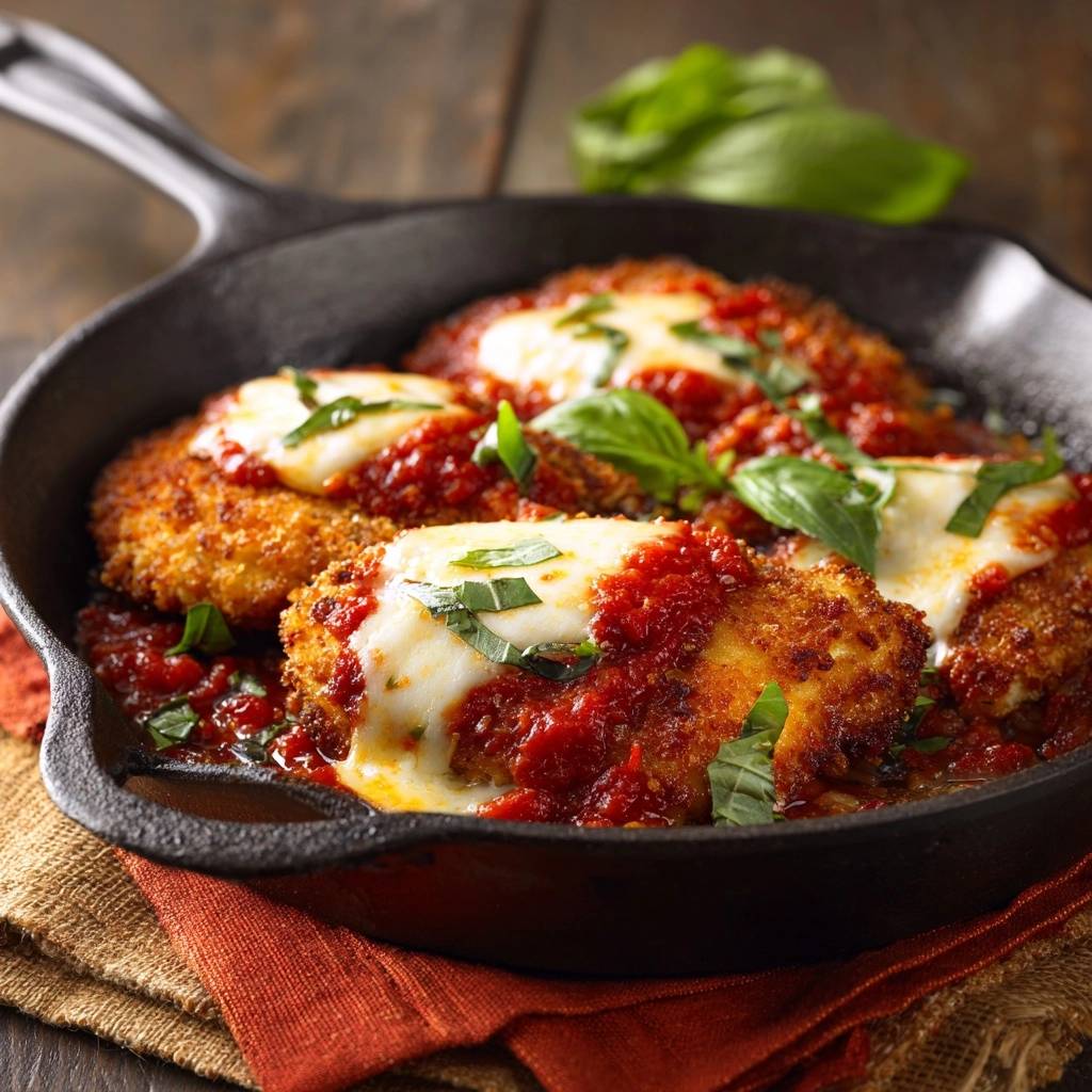 Skillet chicken parmesan in a cast iron skillet, topped with melted mozzarella and marinara sauce, garnished with fresh basil.