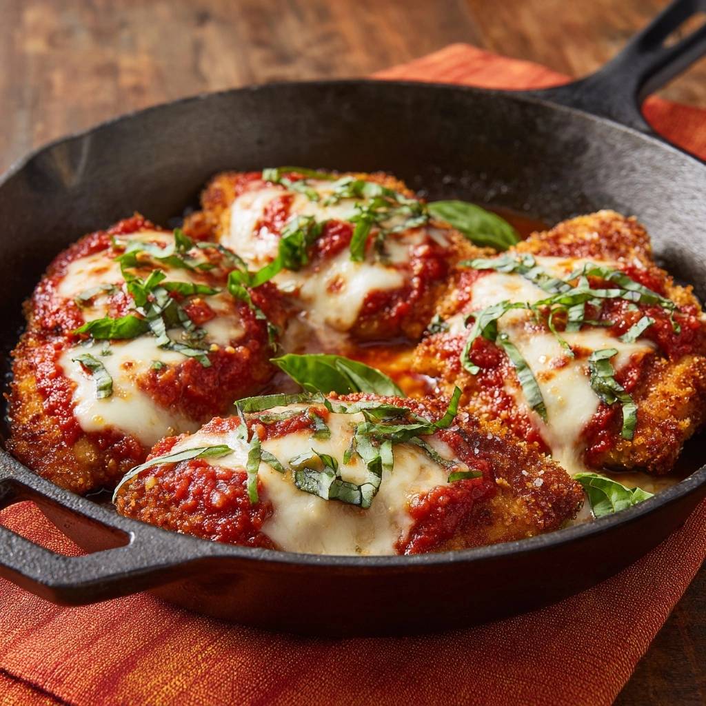 Skillet chicken parmesan in a cast iron pan, topped with melted mozzarella and fresh basil.