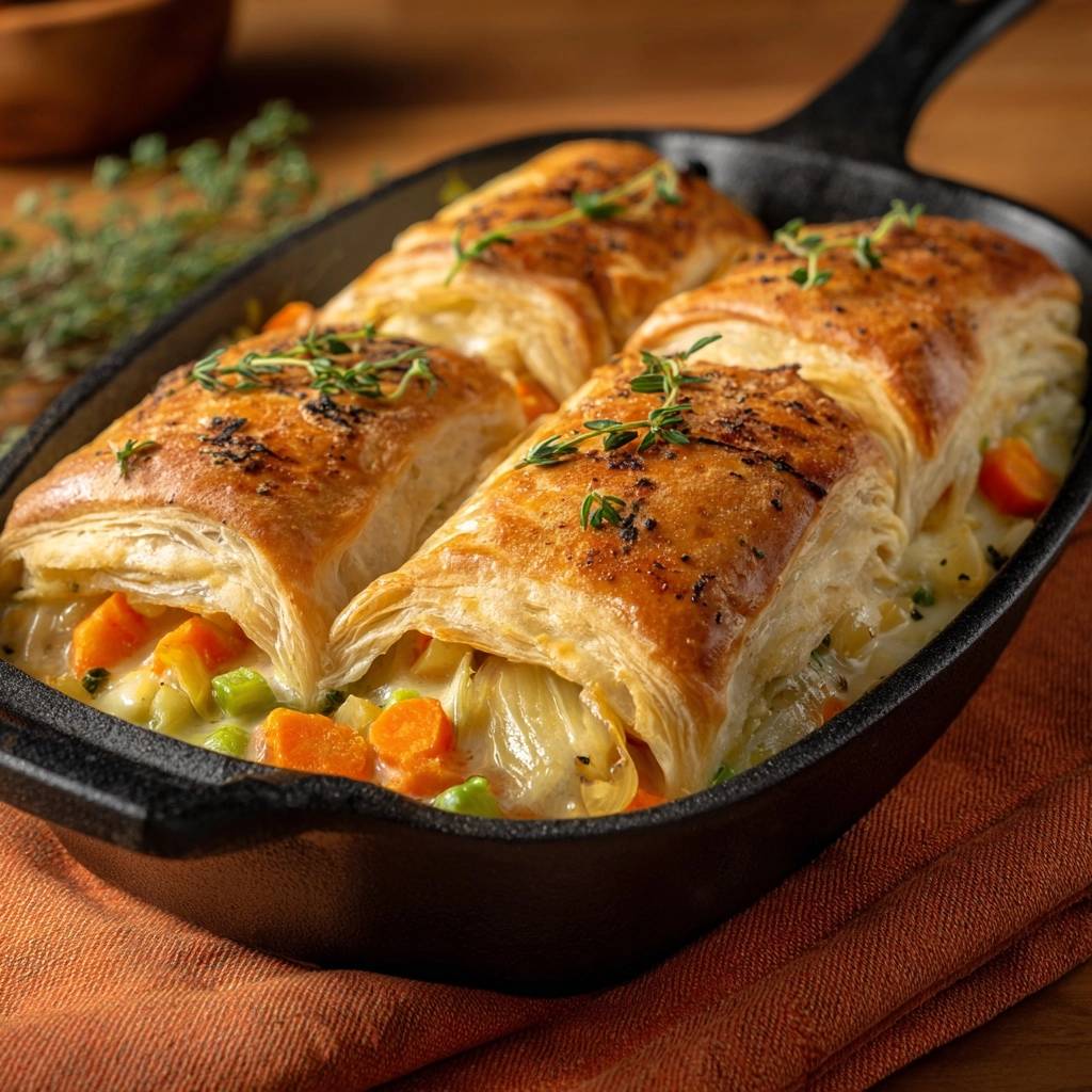 Skillet chicken pot pie with golden puff pastry tops and fresh thyme garnish in a cast iron pan