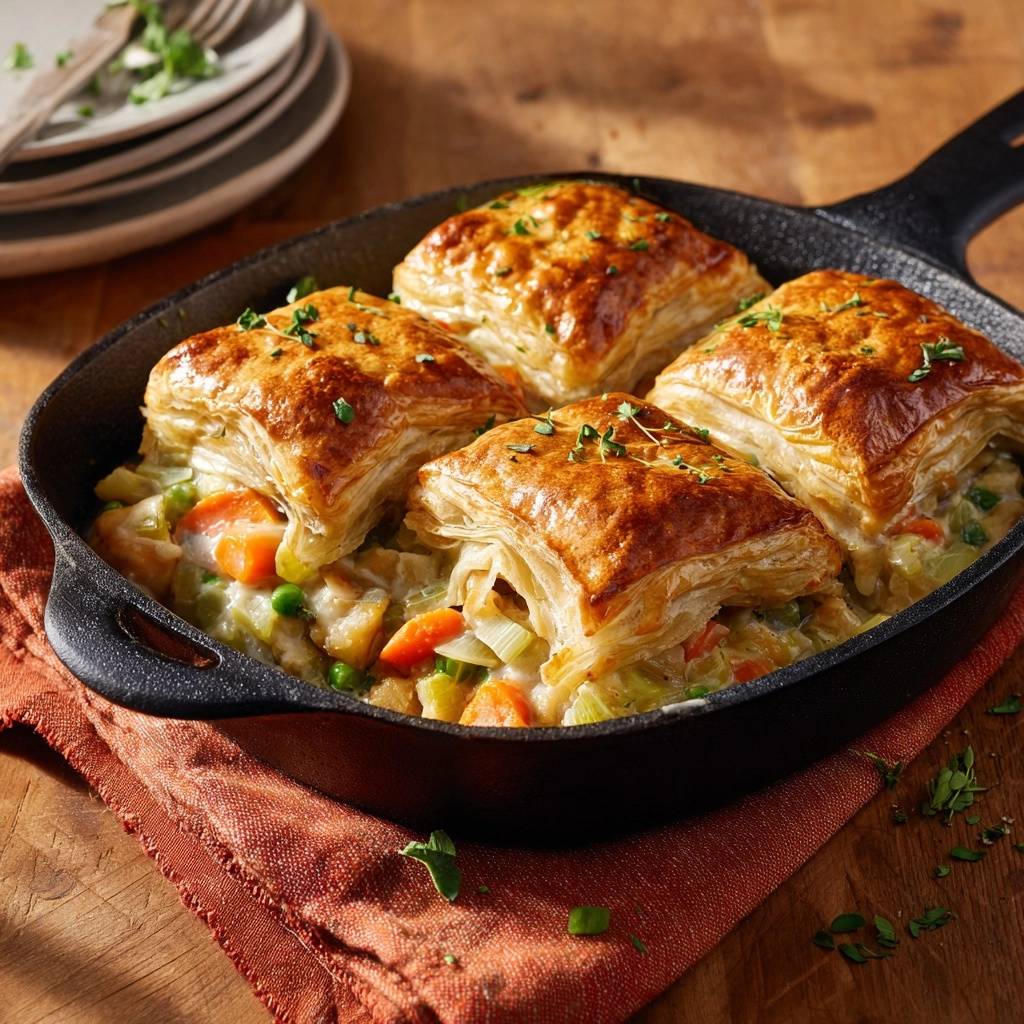 Skillet chicken pot pie with a golden-brown puff pastry crust and fresh herbs, served in a cast-iron pan.