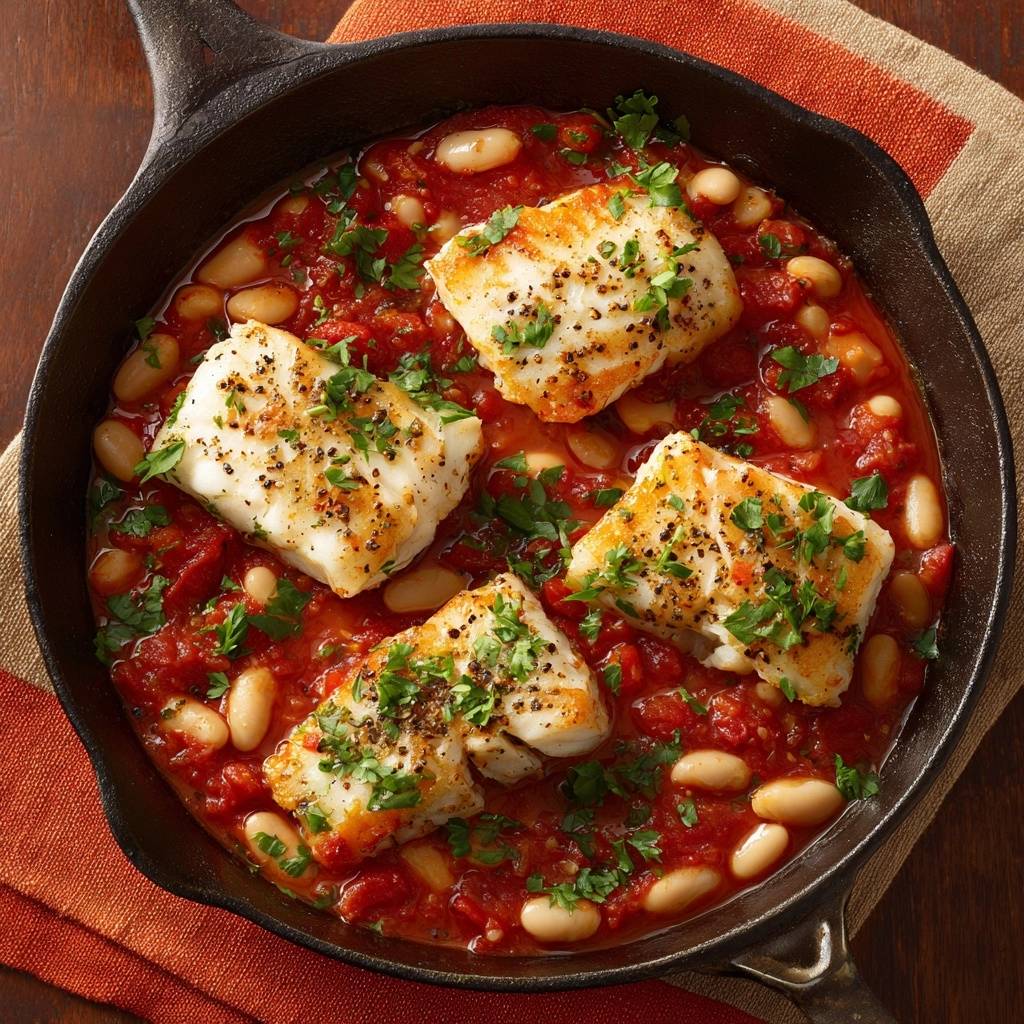 Skillet roasted cod with white beans and tomato served in a cast-iron pan, shown from an overhead view.
