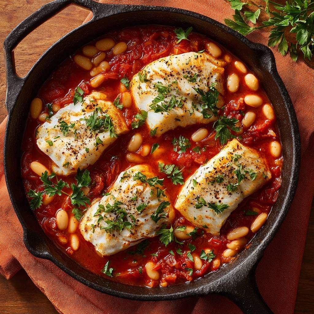 Skillet roasted cod with white beans and tomato served in a cast iron pan, viewed from directly above.
