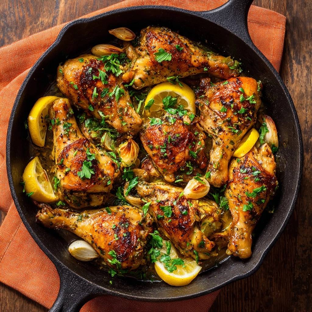 Skillet roasted lemon garlic chicken with shatter-crisp skin shown in an overhead view within a cast-iron pan.
