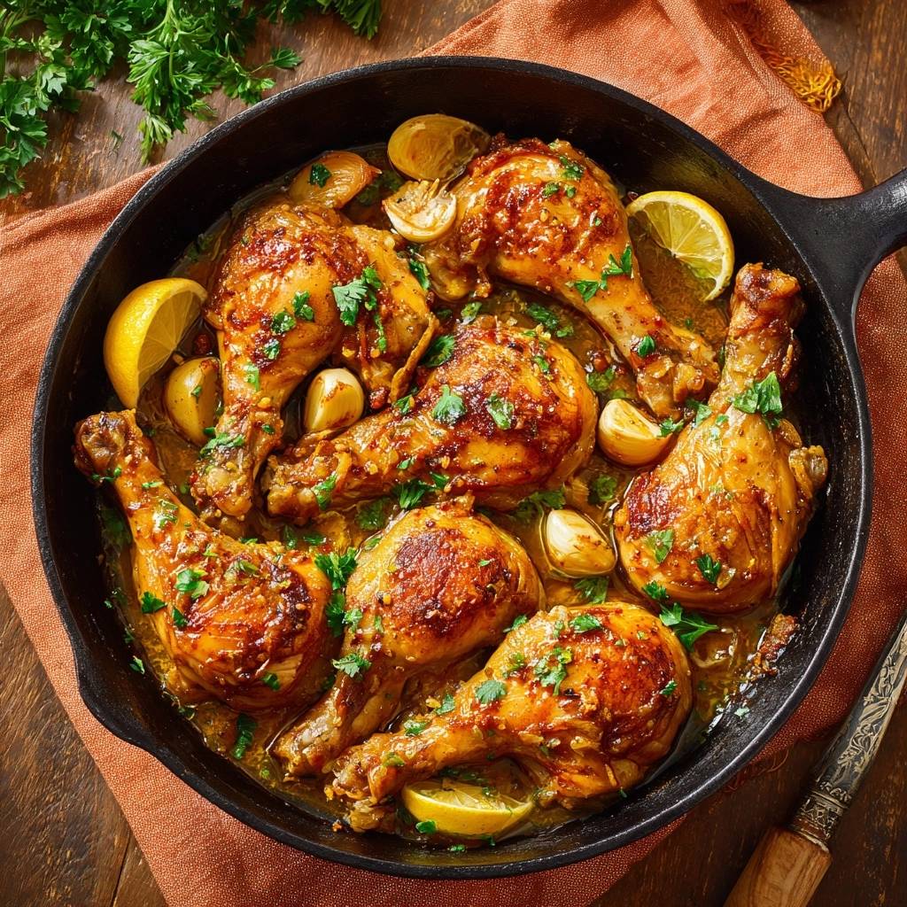 Skillet roasted lemon garlic chicken with shatter-crisp skin, shown in an overhead view within a cast-iron pan.