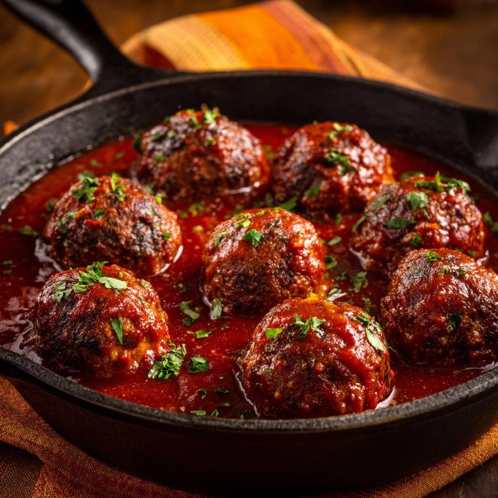 Skillet meatballs in rich tomato sauce, a close-up view of the dish simmering in a cast-iron pan.