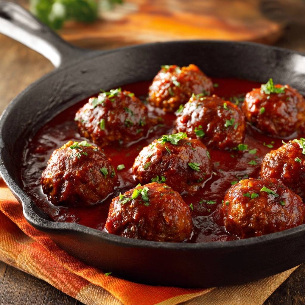 Skillet meatballs in rich tomato sauce nestled in a cast iron pan, garnished with fresh parsley.