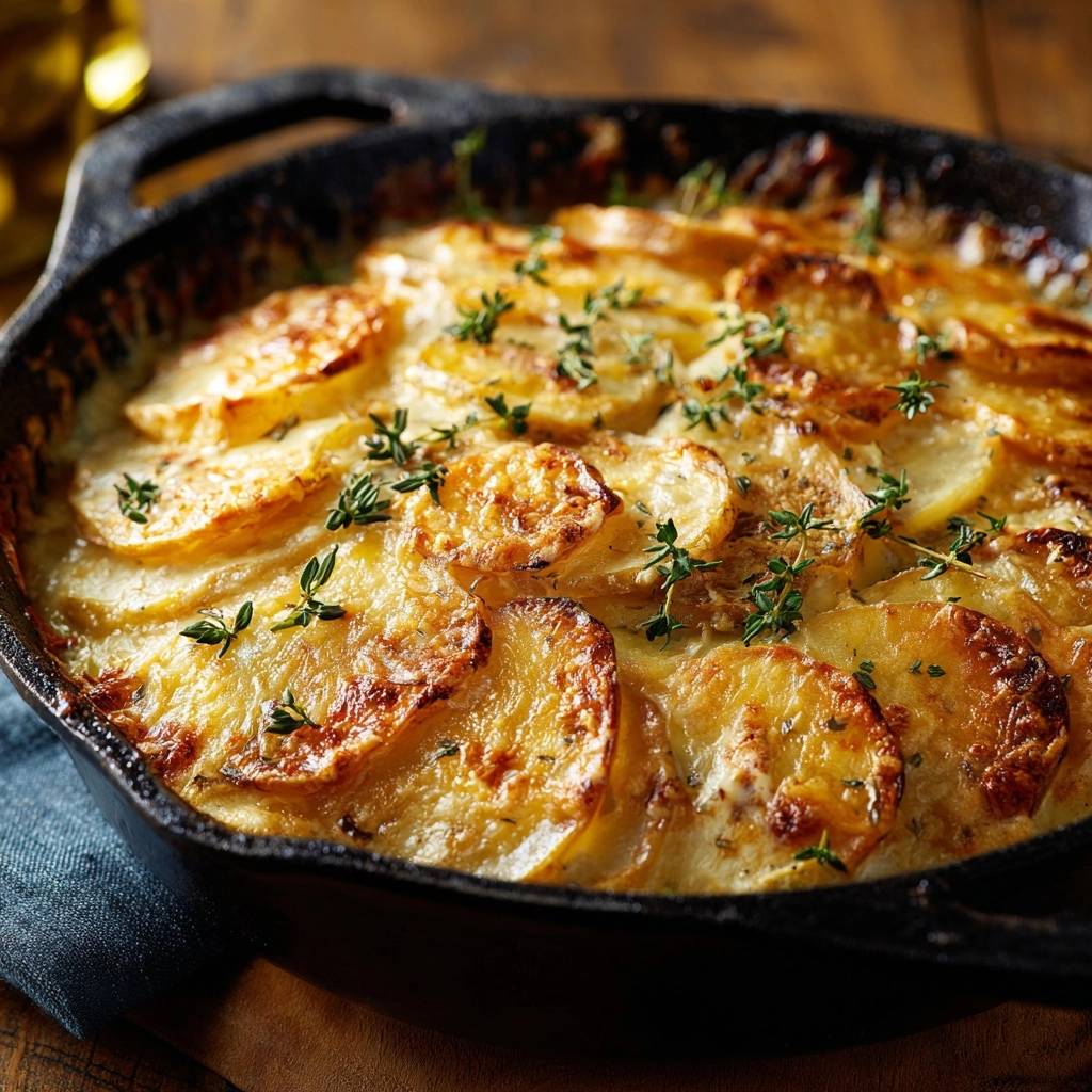 Crispy skillet scalloped potatoes garnished with fresh thyme in a cast iron pan.