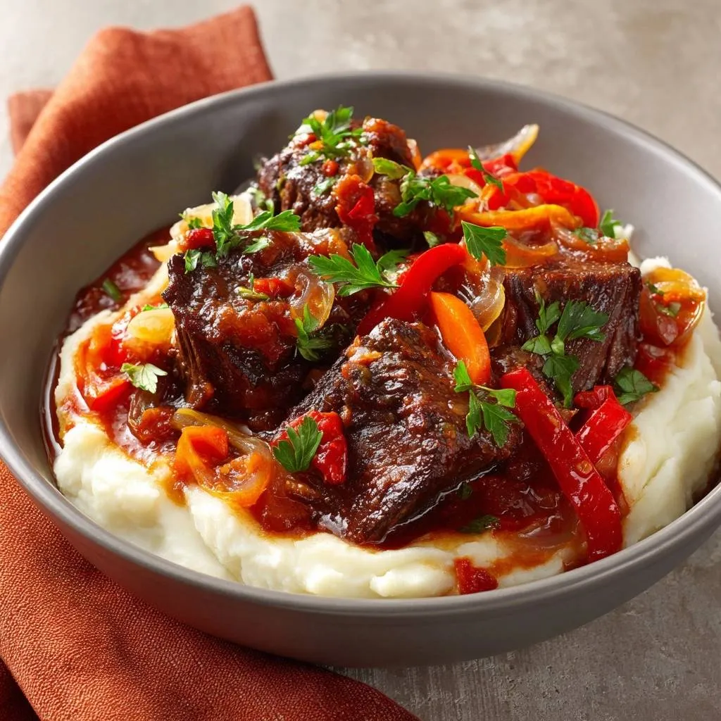 Slow braised beef and peppers served in a bowl over mashed potatoes with fresh parsley garnish.