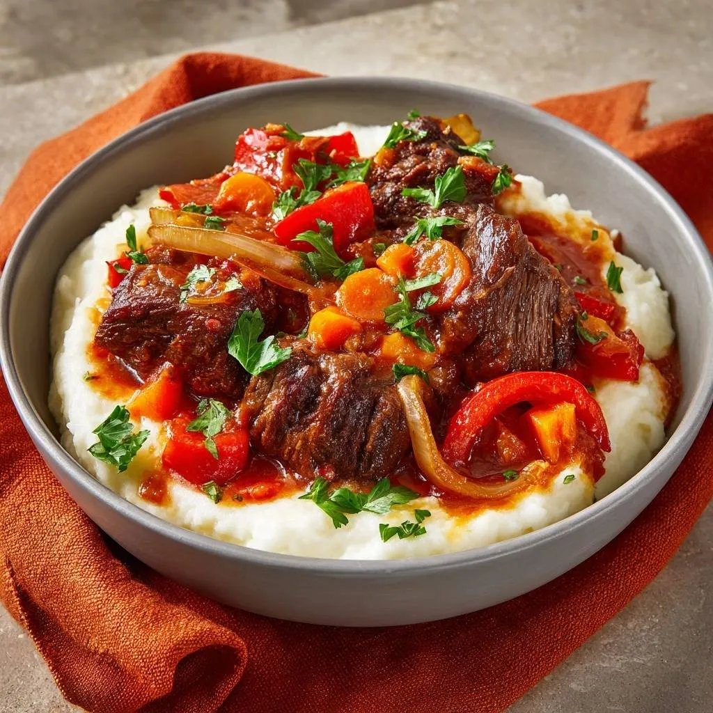 Slow braised beef and peppers served in a bowl over creamy mashed potatoes, garnished with parsley.