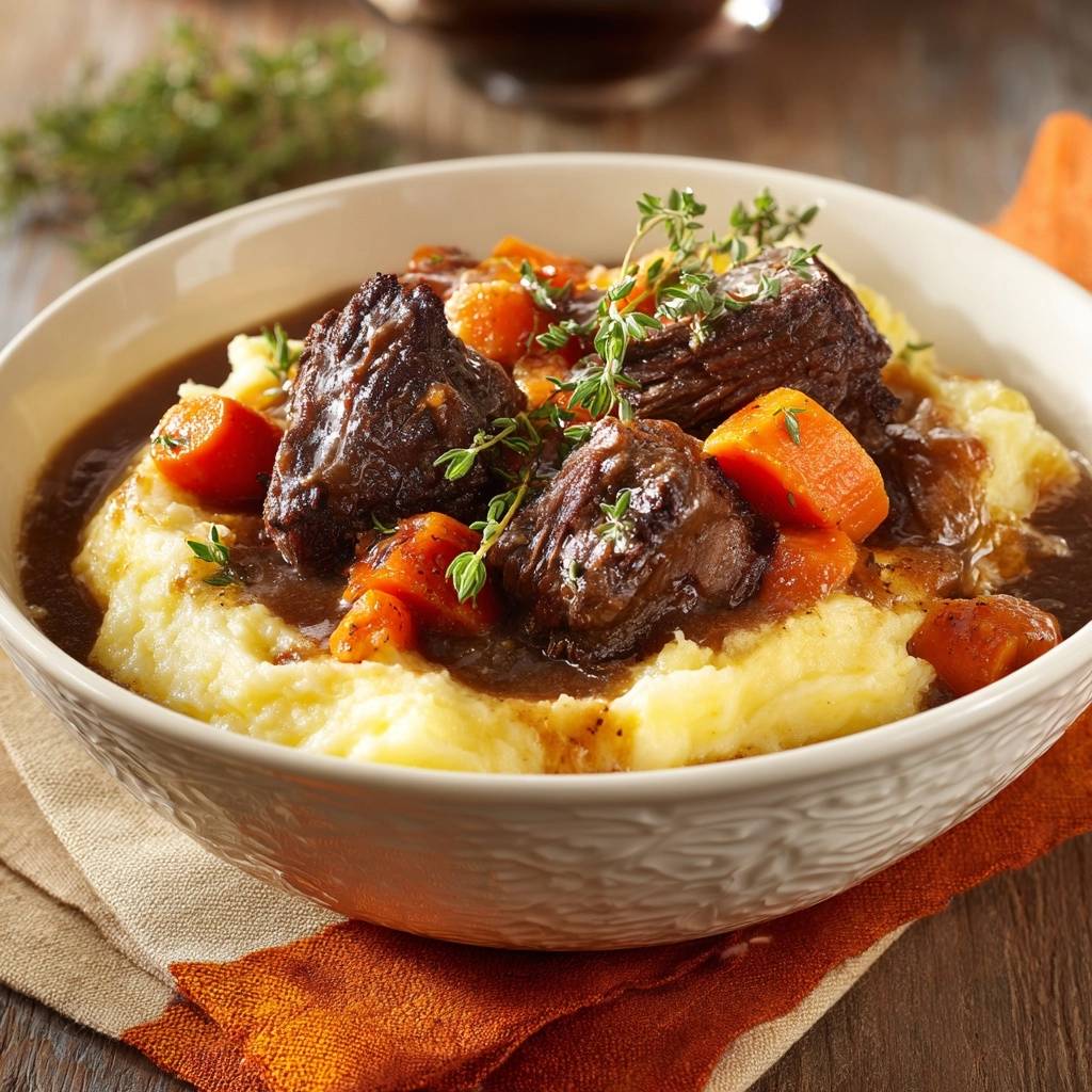 Slow-braised beef short ribs served in a bowl over creamy mashed potatoes, garnished with thyme.