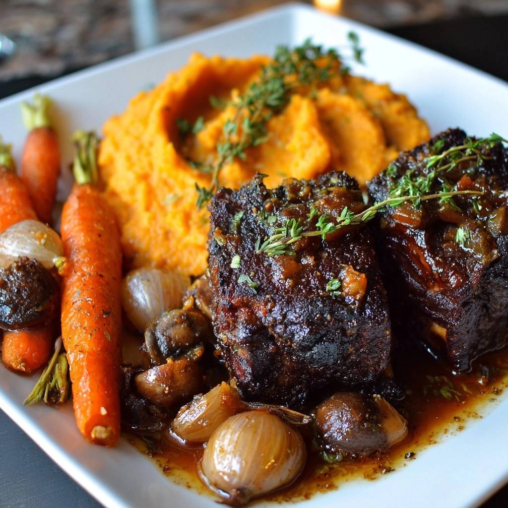 Slow braised beef short ribs plated with glazed carrots, pearl onions, mushrooms, and mashed sweet potatoes, garnished with thyme.