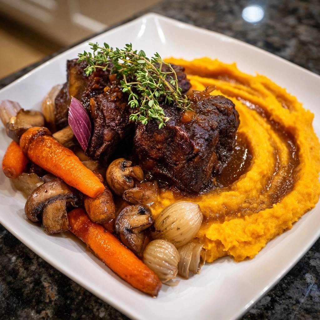 Slow braised beef short ribs plated with creamy mashed carrots and roasted vegetables, garnished with fresh thyme.