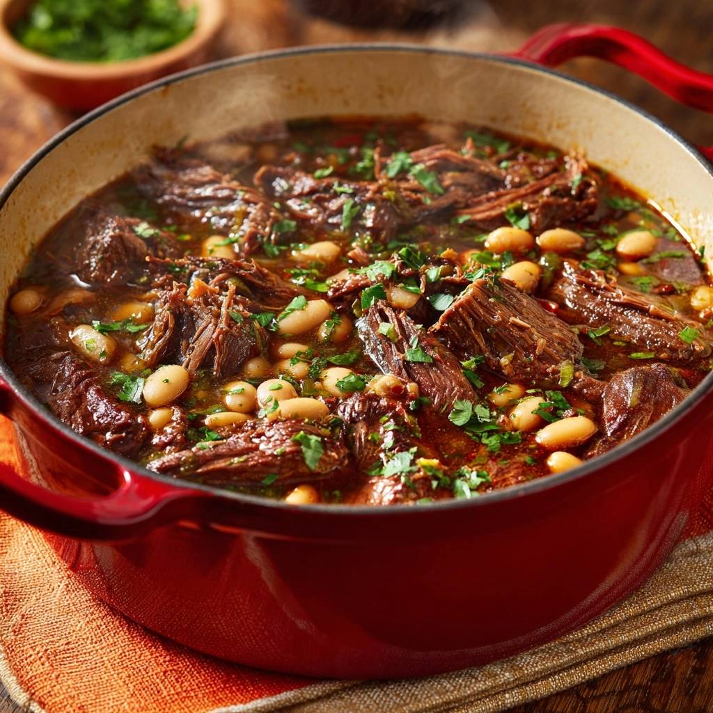 Slow-braised beef and white bean stew served in a red Dutch oven, garnished with fresh parsley.