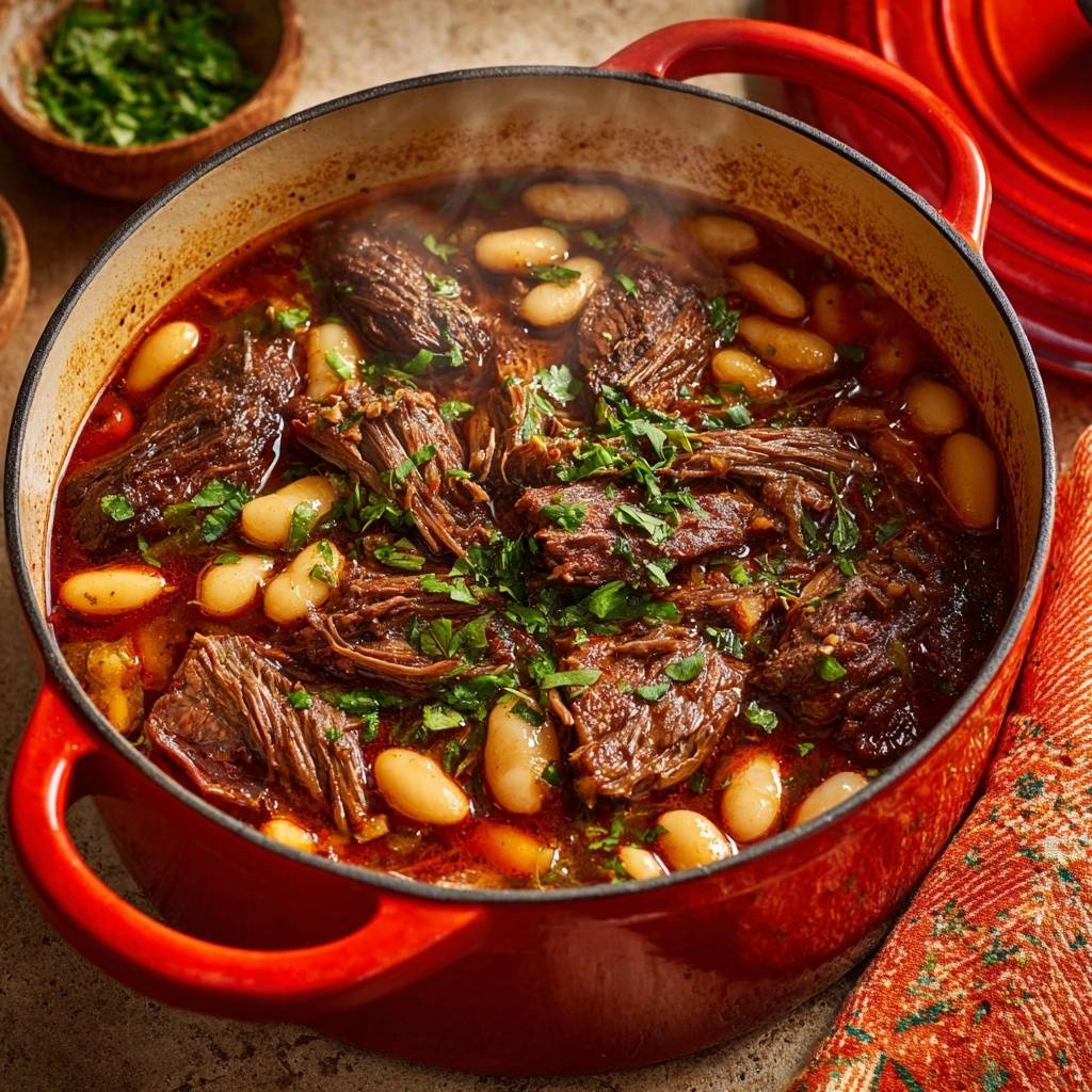 Slow-braised beef and white bean stew steaming in a red Dutch oven, garnished with fresh parsley.
