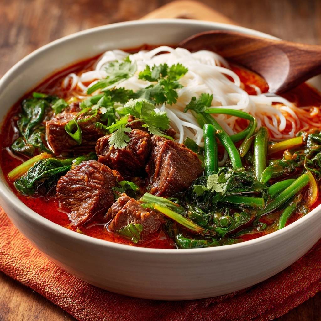 Slow cooked red curry beef noodles served in a white bowl with fresh cilantro and green vegetables.