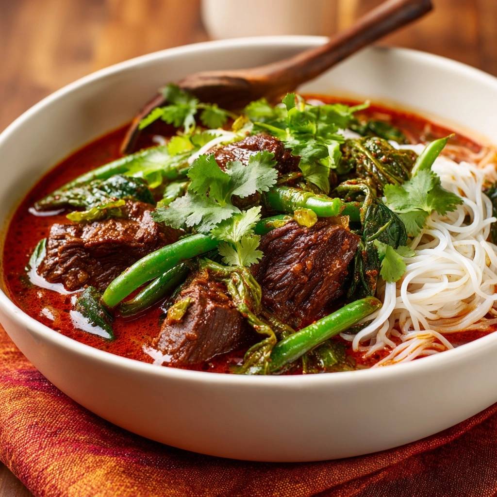 Slow cooked red curry beef noodles served in a white bowl with fresh cilantro garnish and a wooden spoon.