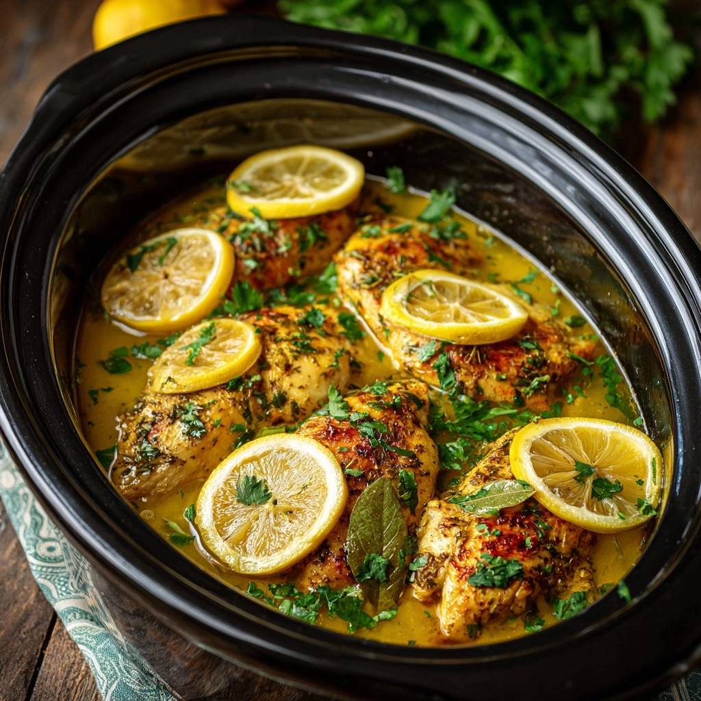 Slow cooker lemon herb chicken with lemon slices and fresh parsley in a black crock.