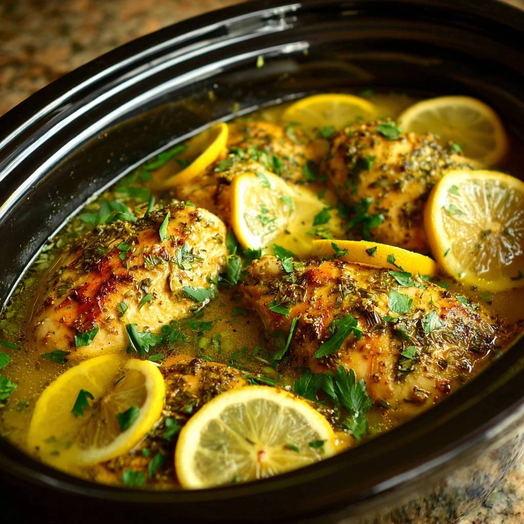 Slow cooker lemon herb chicken in a black crock with lemon slices and fresh parsley garnish.
