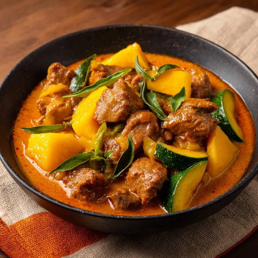 Slow-simmered beef and pumpkin red curry served in a rustic black bowl, showcasing tender meat and vibrant vegetables.